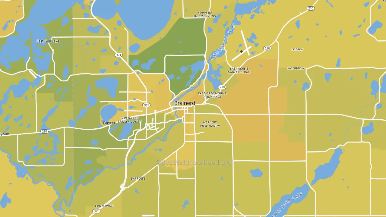 Map of the best neighborhoods in the Brainerd area, with better matches in green and worse matches in red