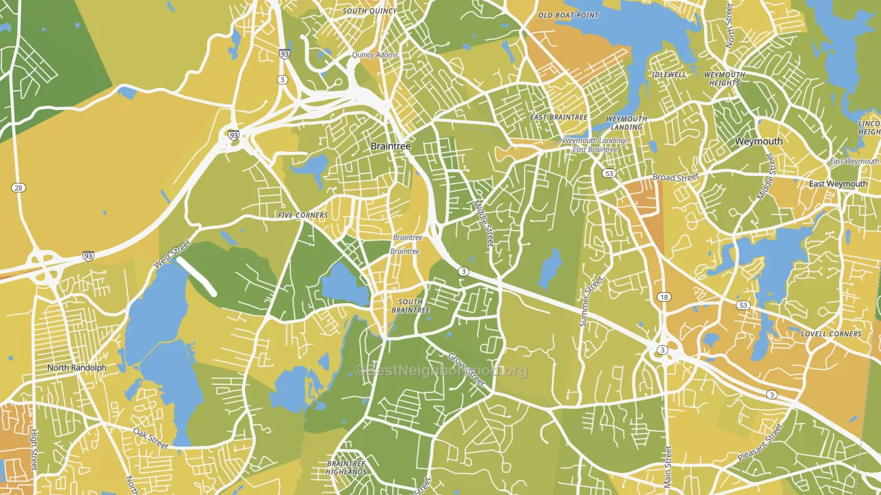 Map of the best neighborhoods in the Braintree Town area, with better matches in green and worse matches in red
