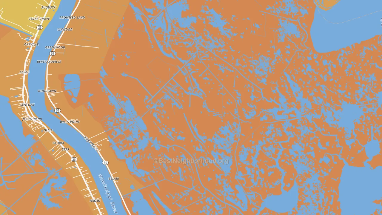 Map of the best neighborhoods in the Braithwaite area, with better matches in green and worse matches in red
