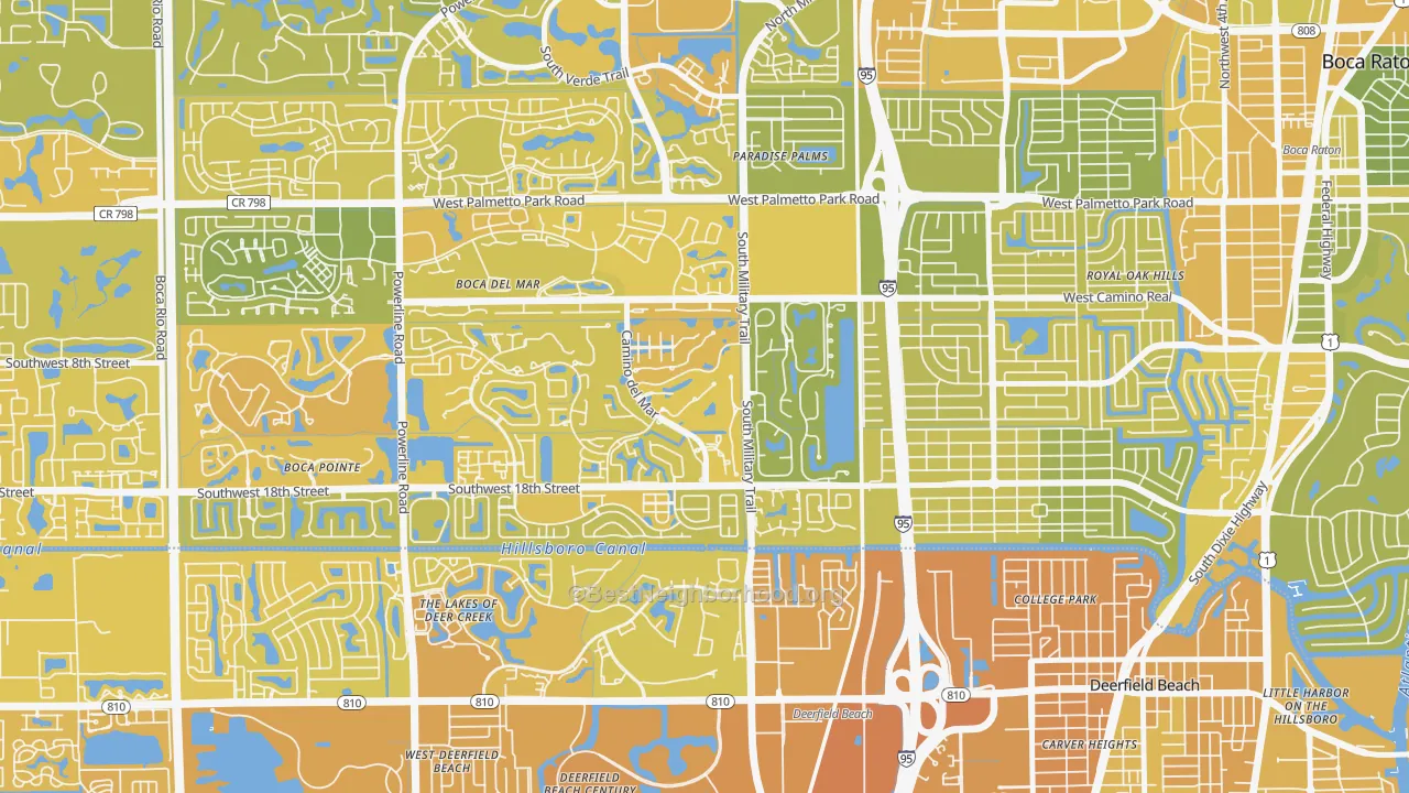 Map of the best neighborhoods in the Bramalea, Boca Raton area, with better matches in green and worse matches in red