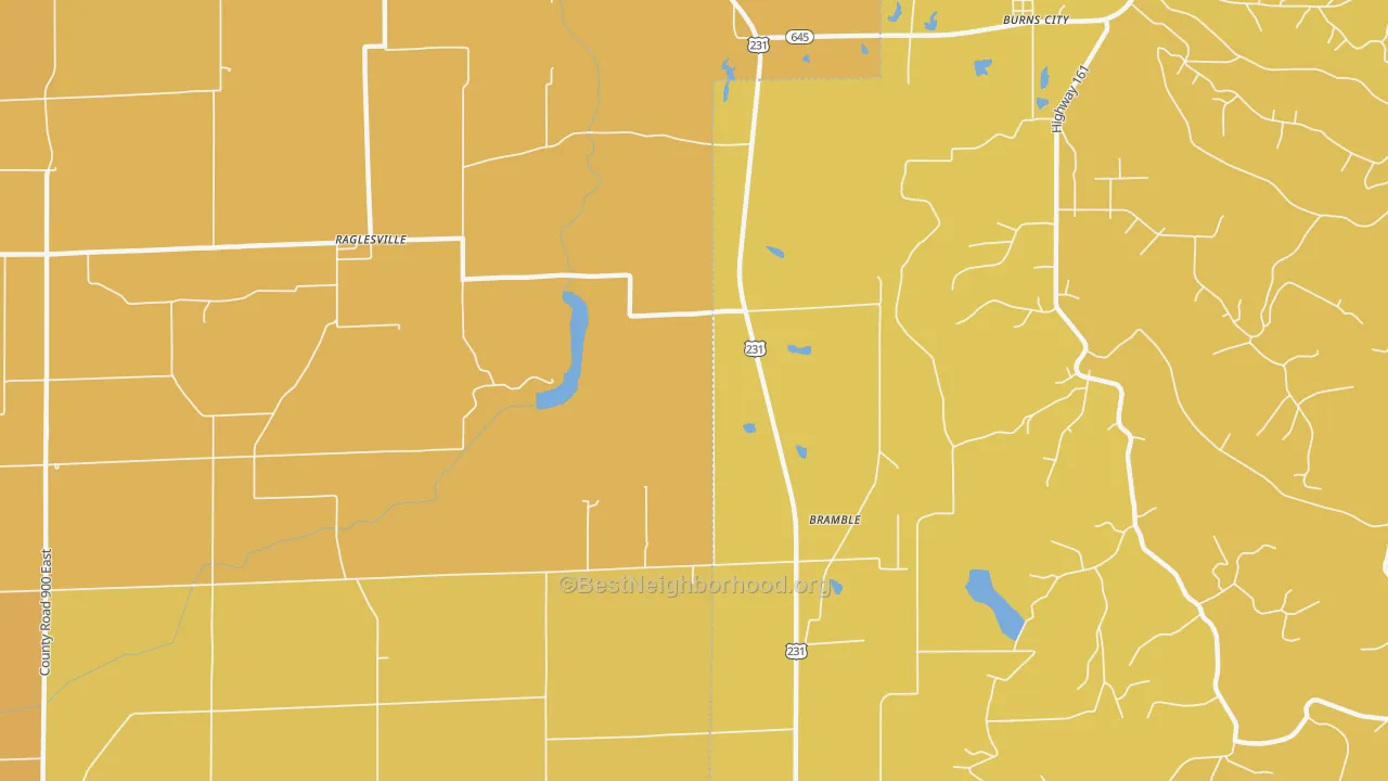 Map of the best neighborhoods in the Bramble area, with better matches in green and worse matches in red
