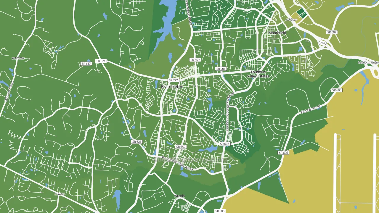 Map of the best neighborhoods in the Brambleton area, with better matches in green and worse matches in red