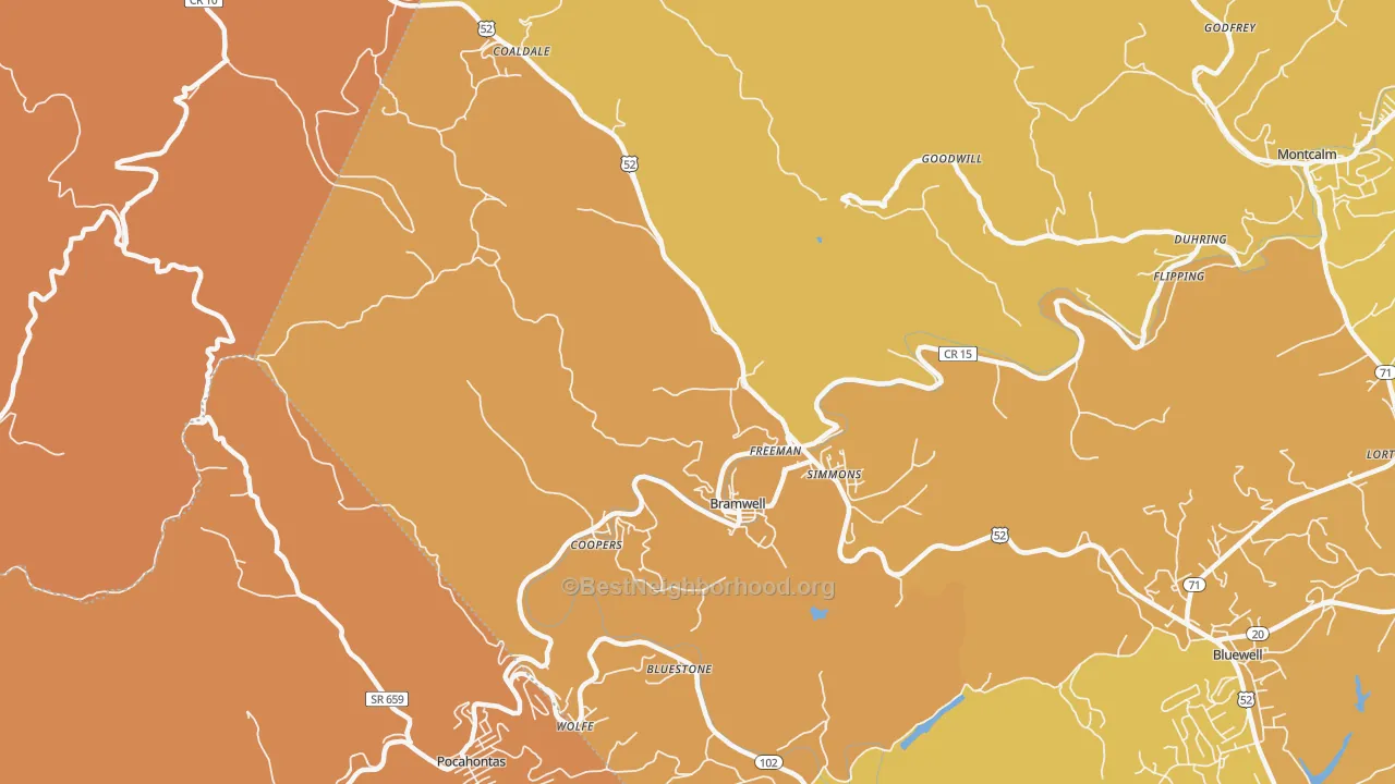 Map of the best neighborhoods in the Bramwell area, with better matches in green and worse matches in red