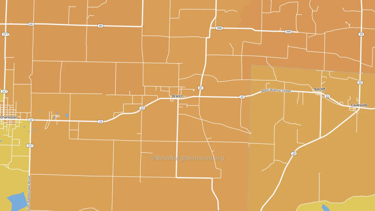 Map of the best neighborhoods in the Branch area, with better matches in green and worse matches in red