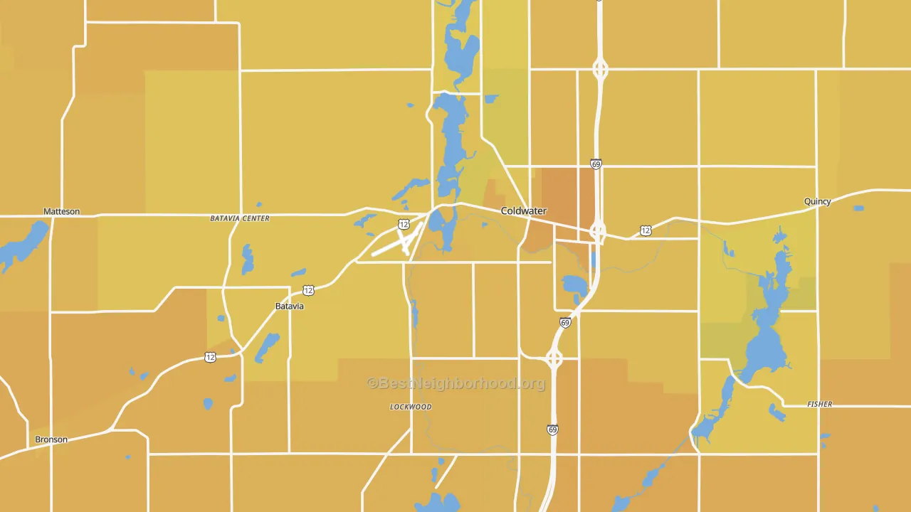 Map of the best neighborhoods in the Branch County area, with better matches in green and worse matches in red