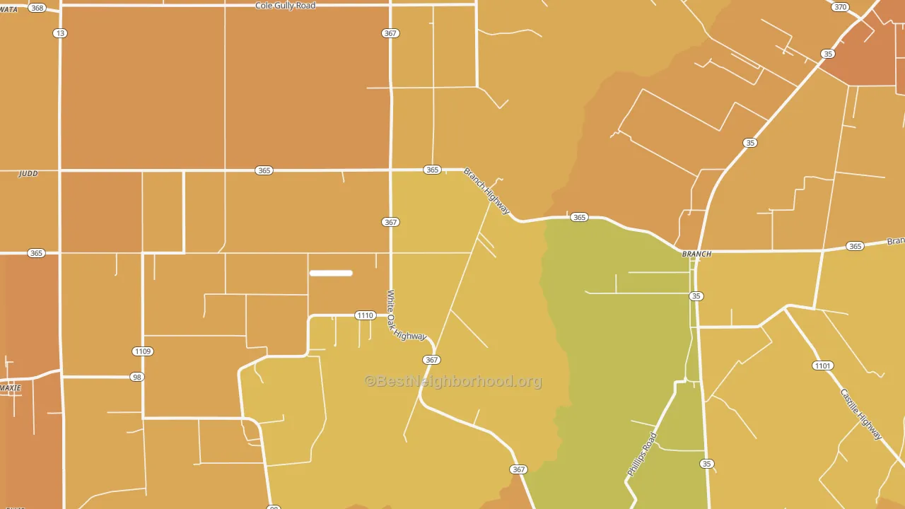 Map of the best neighborhoods in the Branch area, with better matches in green and worse matches in red