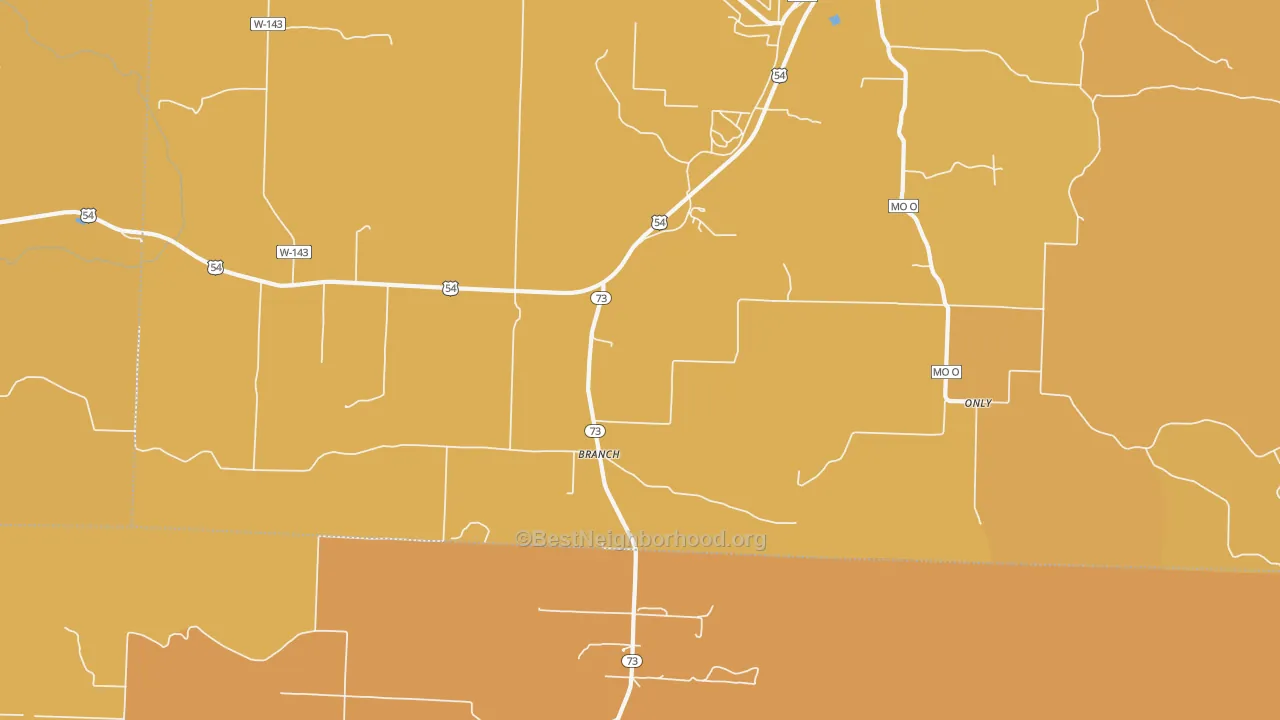 Map of the best neighborhoods in the Branch area, with better matches in green and worse matches in red