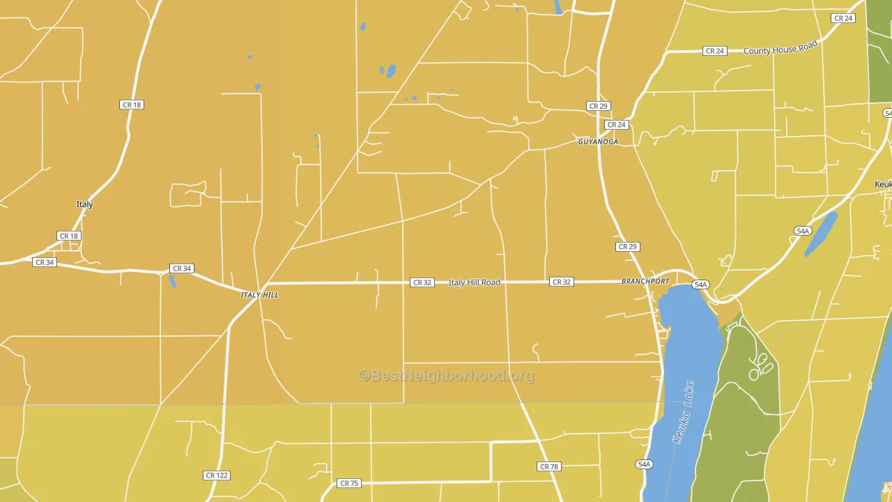 Map of the best neighborhoods in the Branchport area, with better matches in green and worse matches in red