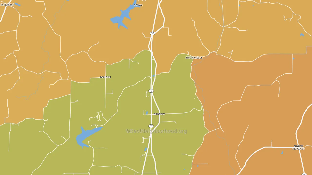Map of the best neighborhoods in the Branchville area, with better matches in green and worse matches in red