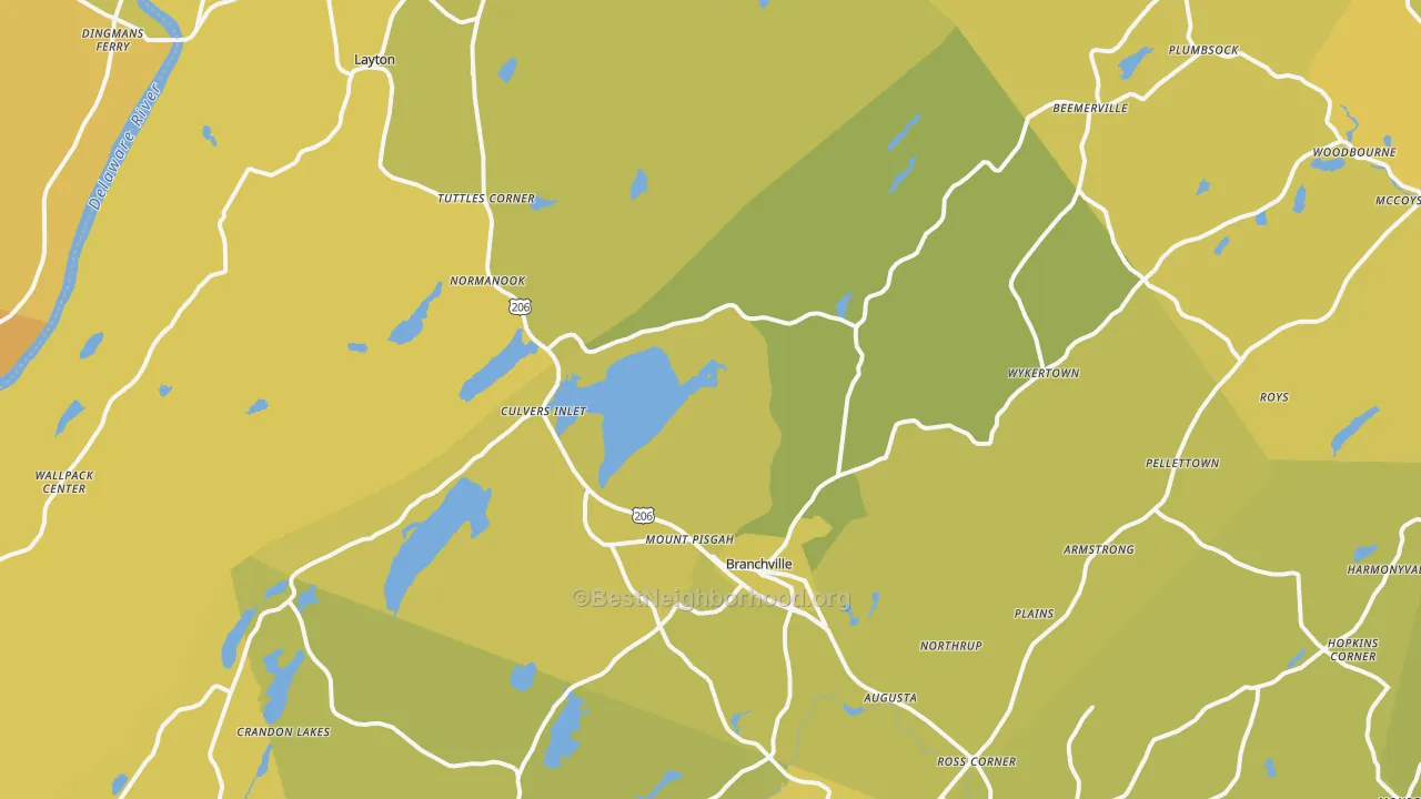Map of the best neighborhoods in the Branchville area, with better matches in green and worse matches in red