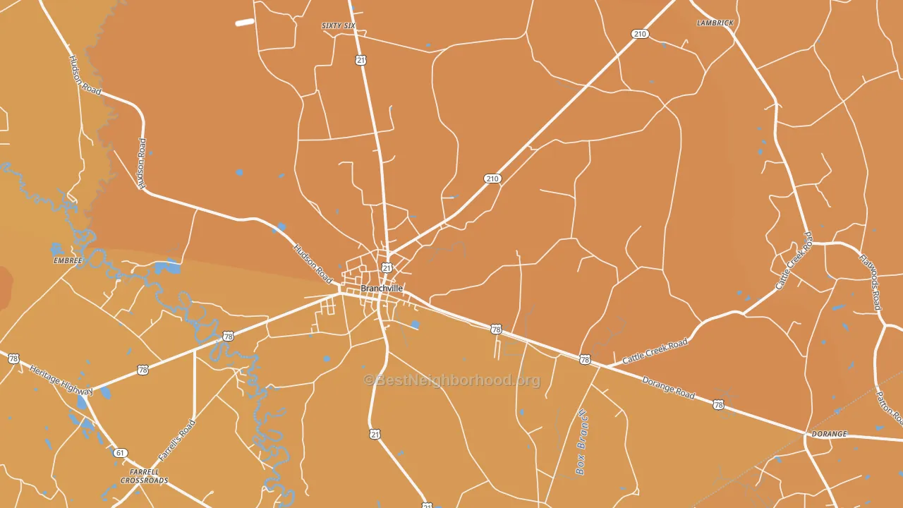 Map of the best neighborhoods in the Branchville area, with better matches in green and worse matches in red