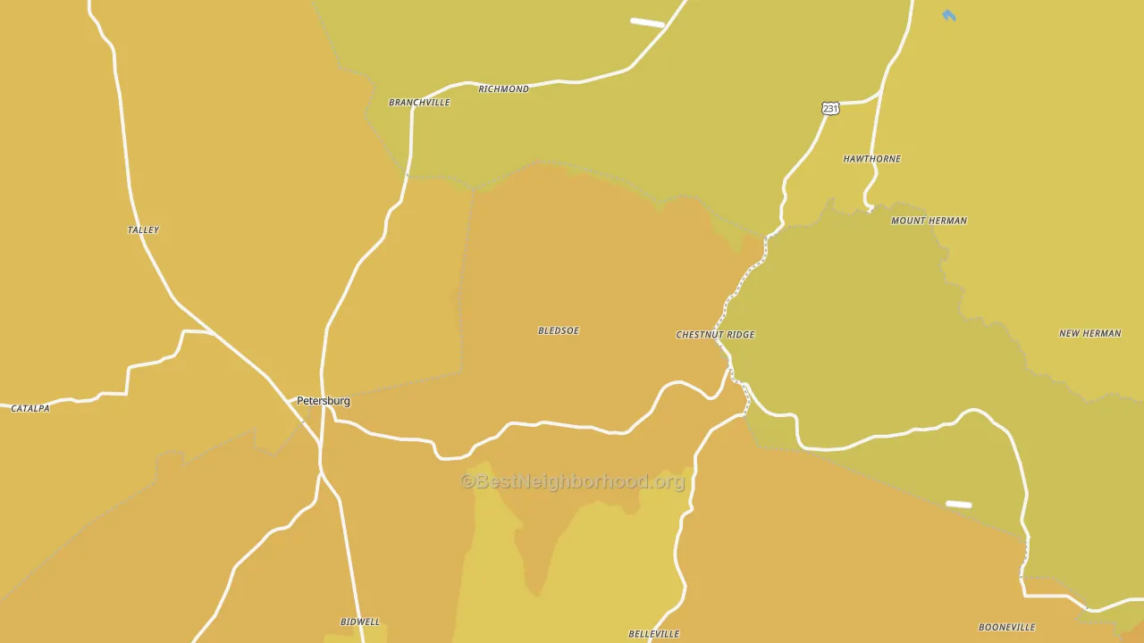 Map of the best neighborhoods in the Branchville area, with better matches in green and worse matches in red