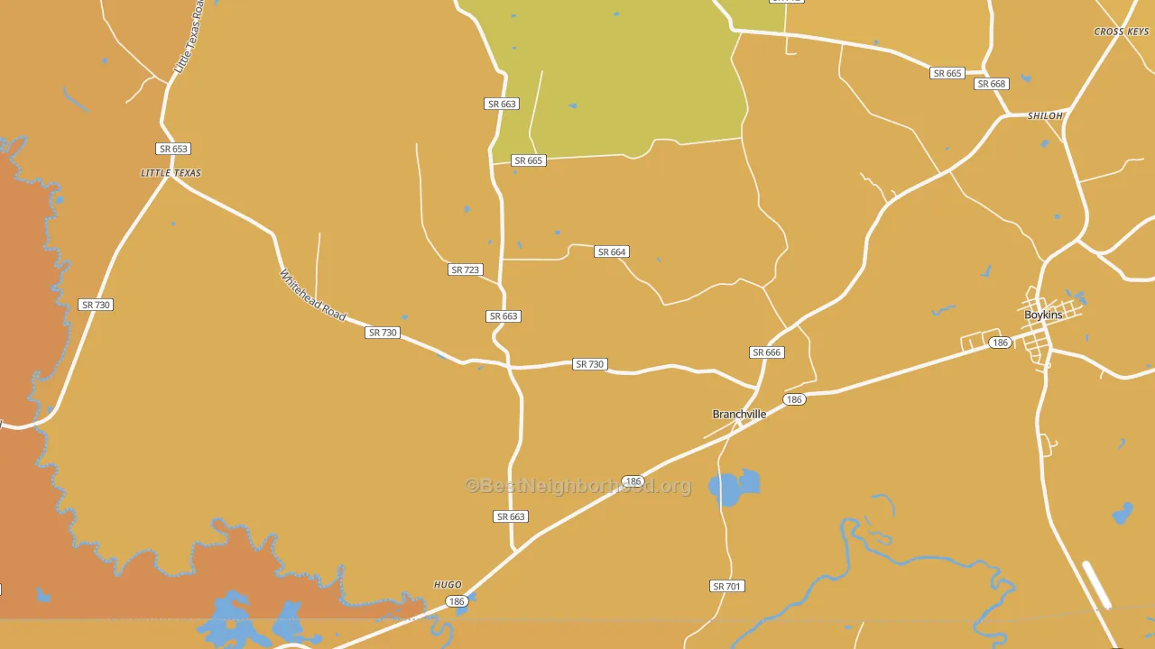 Map of the best neighborhoods in the Branchville area, with better matches in green and worse matches in red