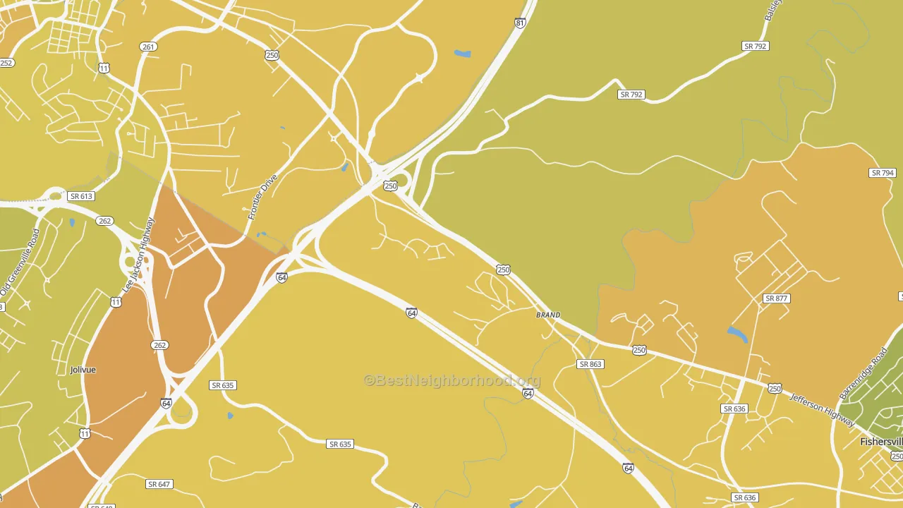 Map of the best neighborhoods in the Brand area, with better matches in green and worse matches in red