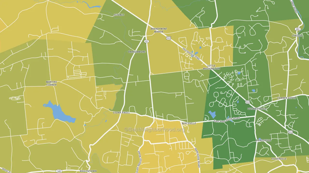 Map of the best neighborhoods in the Brandamore area, with better matches in green and worse matches in red