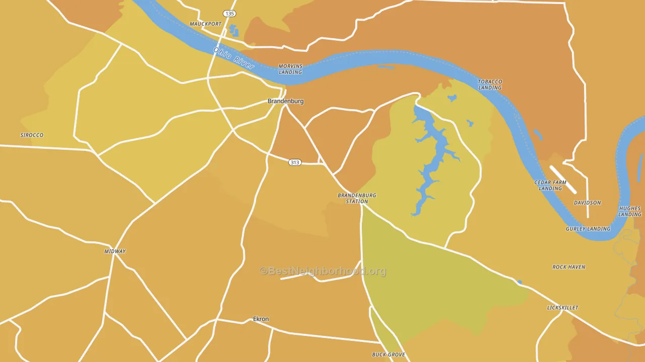 Map of the best neighborhoods in the Brandenburg area, with better matches in green and worse matches in red