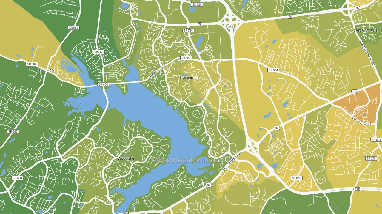 Map of the best neighborhoods in the Brandermill area, with better matches in green and worse matches in red