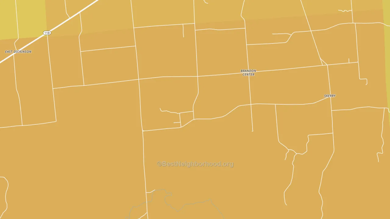 Map of the best neighborhoods in the Brandon Center area, with better matches in green and worse matches in red