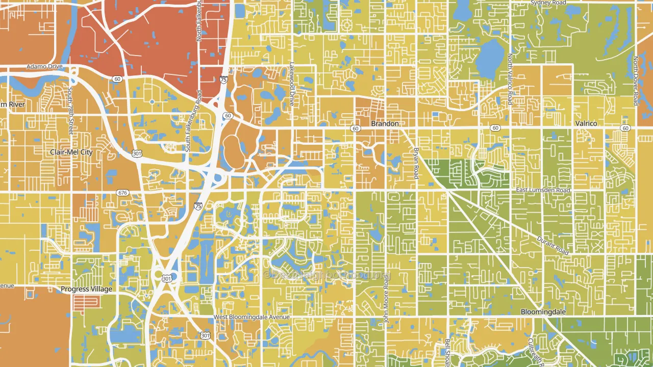 Map of the best neighborhoods in the Brandon area, with better matches in green and worse matches in red