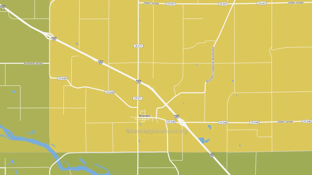 Map of the best neighborhoods in the Brandon area, with better matches in green and worse matches in red