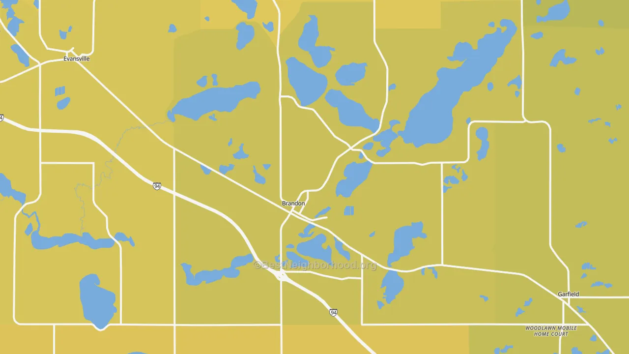 Map of the best neighborhoods in the Brandon area, with better matches in green and worse matches in red