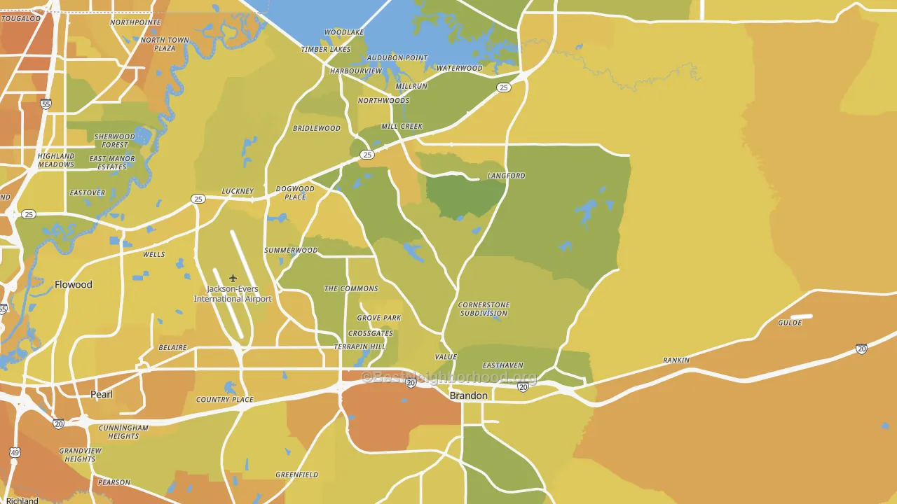 Map of the best neighborhoods in the Brandon area, with better matches in green and worse matches in red