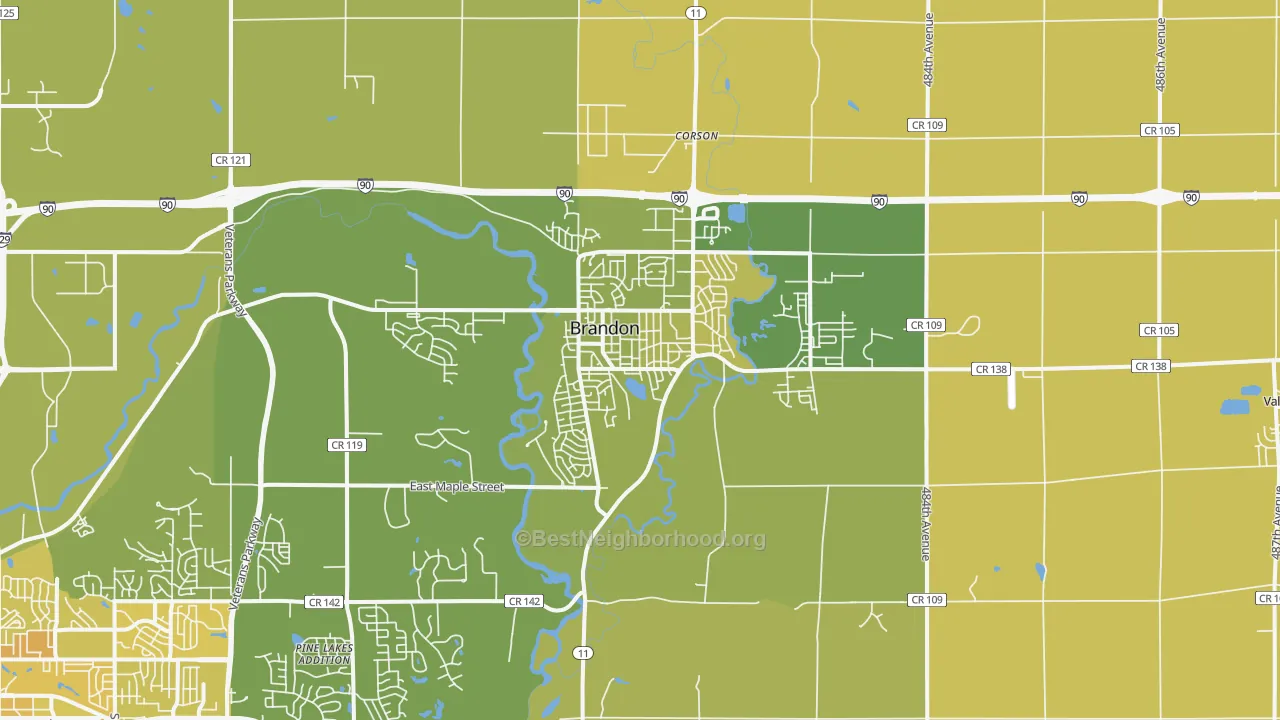 Map of the best neighborhoods in the Brandon area, with better matches in green and worse matches in red