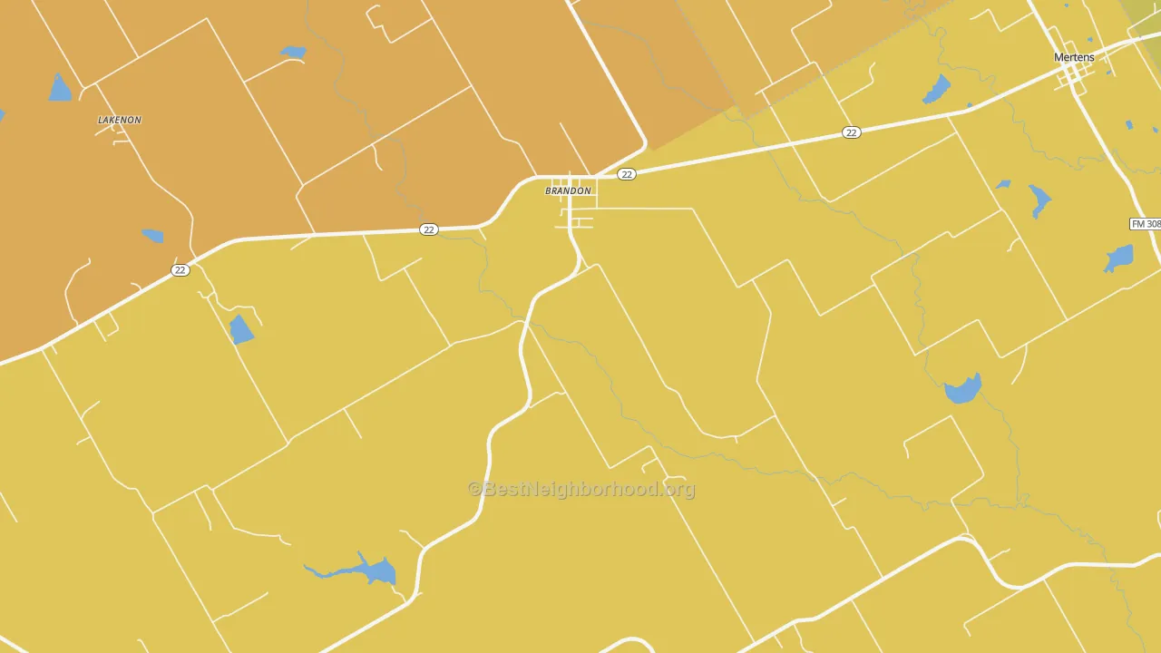 Map of the best neighborhoods in the Brandon area, with better matches in green and worse matches in red