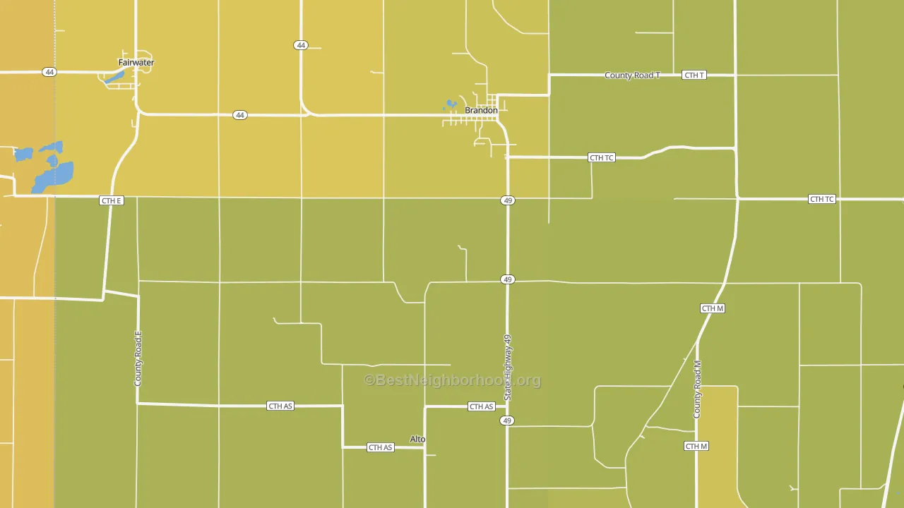 Map of the best neighborhoods in the Brandon area, with better matches in green and worse matches in red