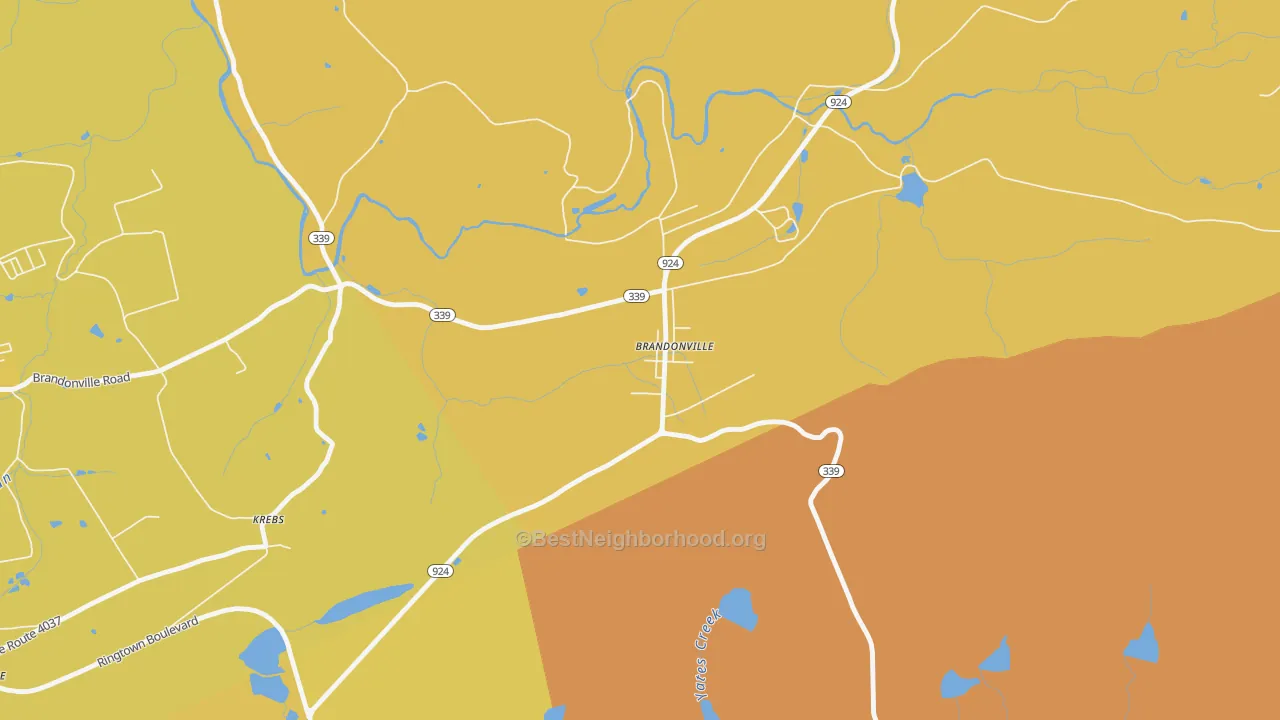Map of the best neighborhoods in the Brandonville area, with better matches in green and worse matches in red