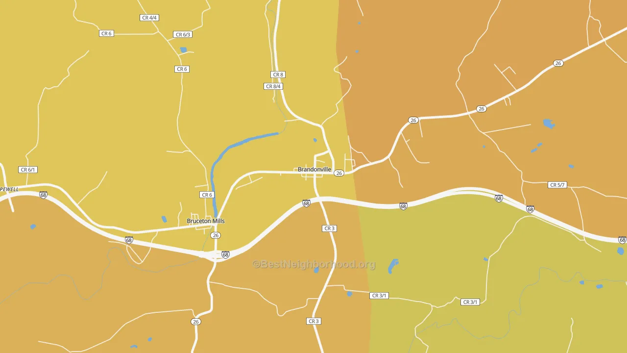 Map of the best neighborhoods in the Brandonville area, with better matches in green and worse matches in red