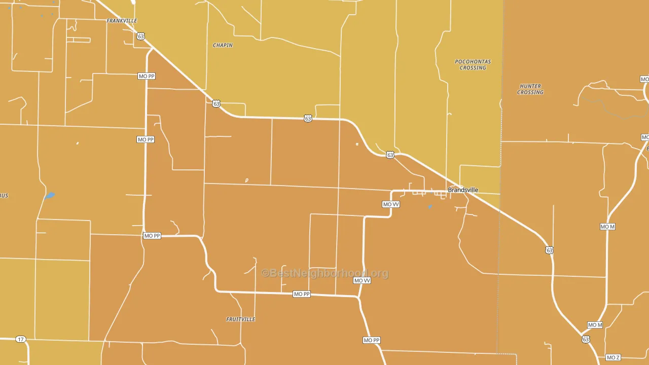Map of the best neighborhoods in the Brandsville area, with better matches in green and worse matches in red