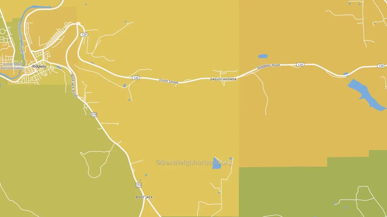 Map of the best neighborhoods in the Brandy Camp area, with better matches in green and worse matches in red