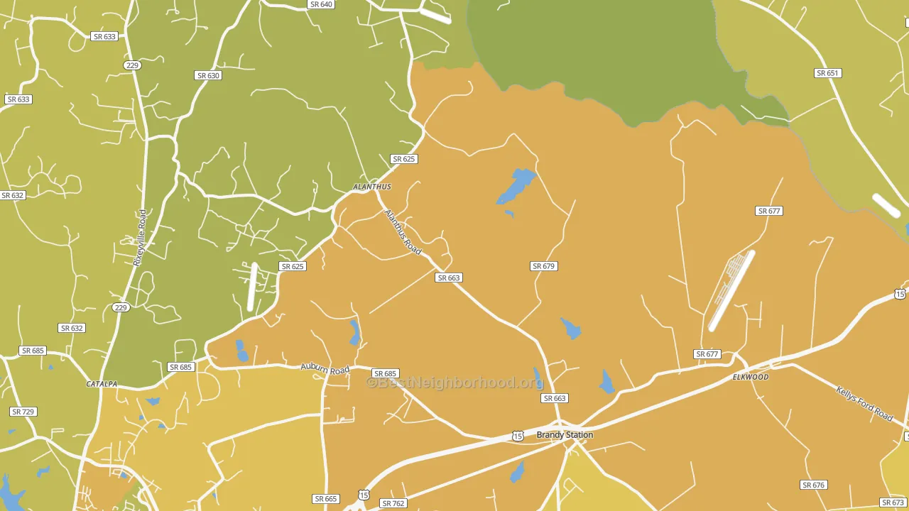 Map of the best neighborhoods in the Brandy Station area, with better matches in green and worse matches in red