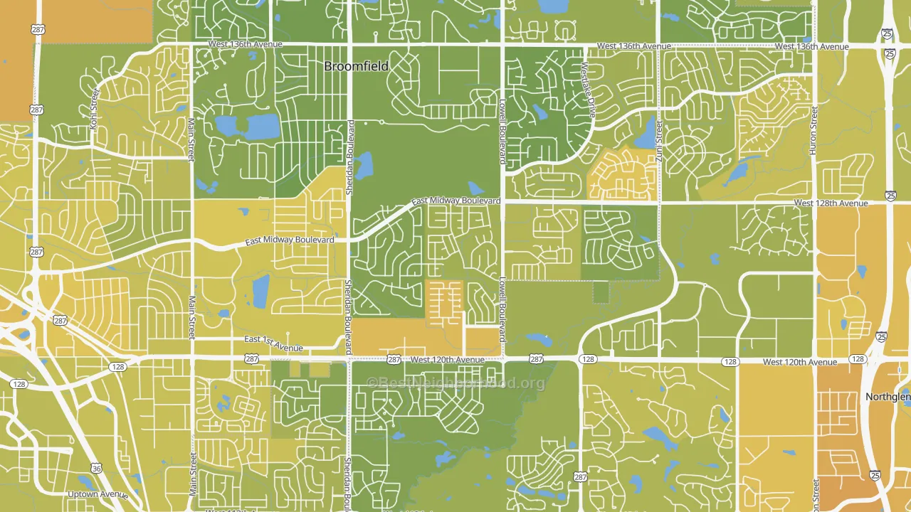 Map of the best neighborhoods in the Brandywine, Broomfield area, with better matches in green and worse matches in red