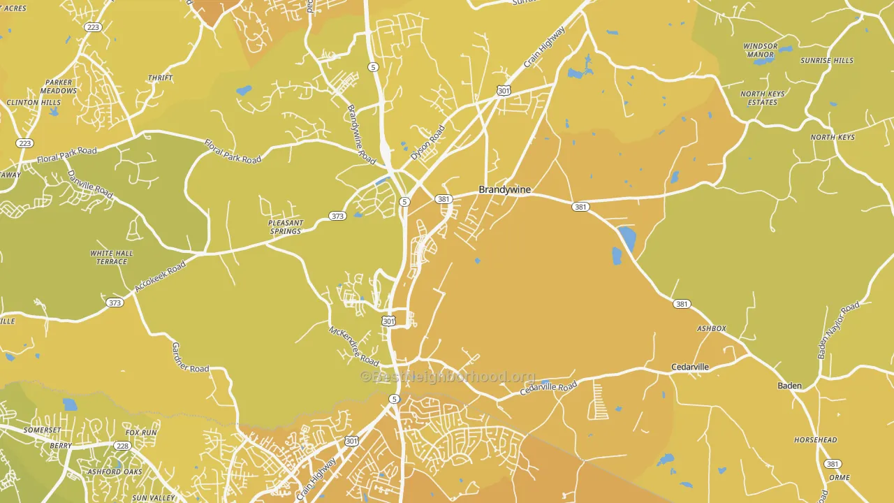 Map of the best neighborhoods in the Brandywine area, with better matches in green and worse matches in red