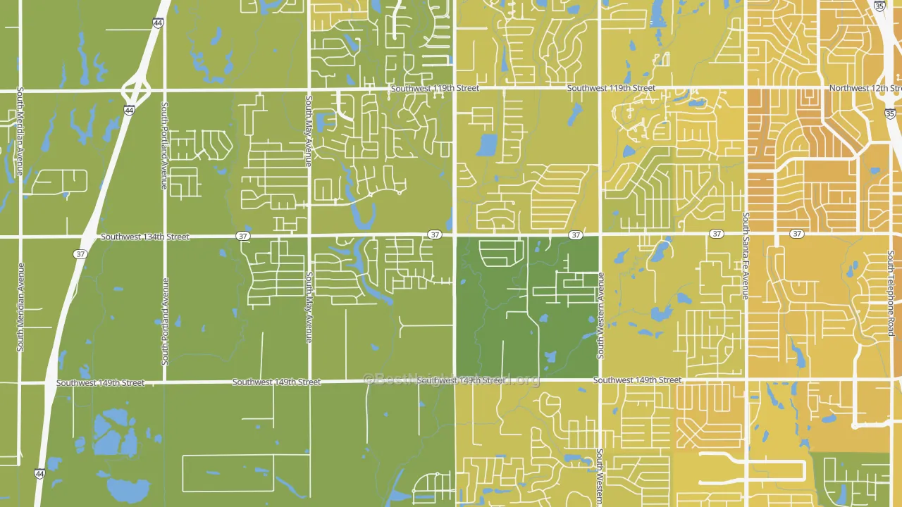 Map of the best neighborhoods in the Brandywine, Oklahoma City area, with better matches in green and worse matches in red