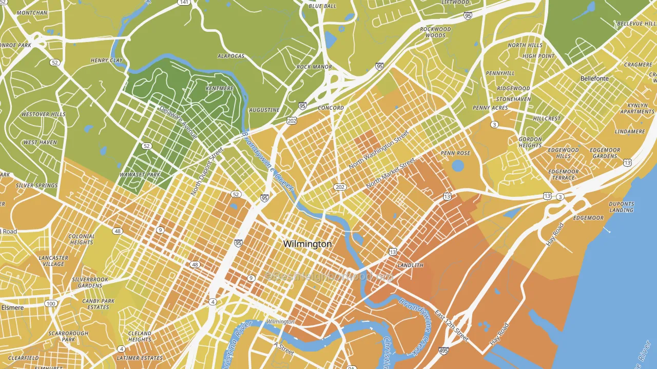 Map of the best neighborhoods in the Brandywine Village, Wilmington area, with better matches in green and worse matches in red