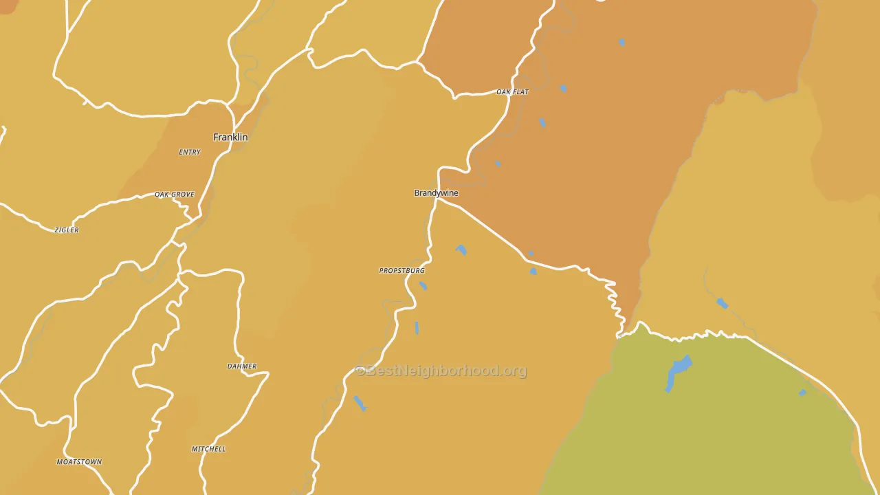 Map of the best neighborhoods in the Brandywine area, with better matches in green and worse matches in red