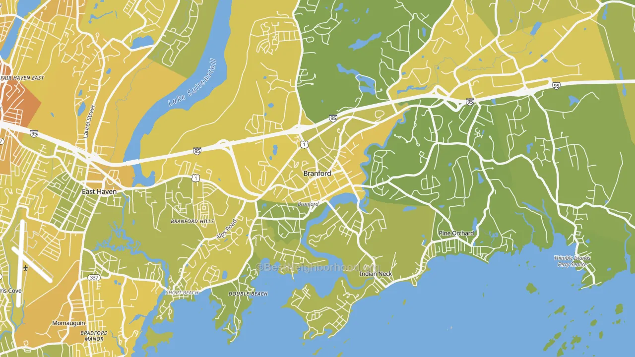 Map of the best neighborhoods in the Branford Center area, with better matches in green and worse matches in red