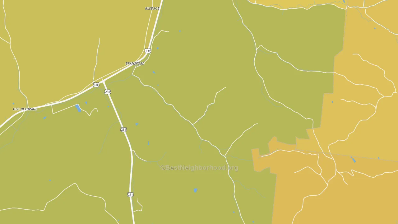 Map of the best neighborhoods in the Bransford area, with better matches in green and worse matches in red