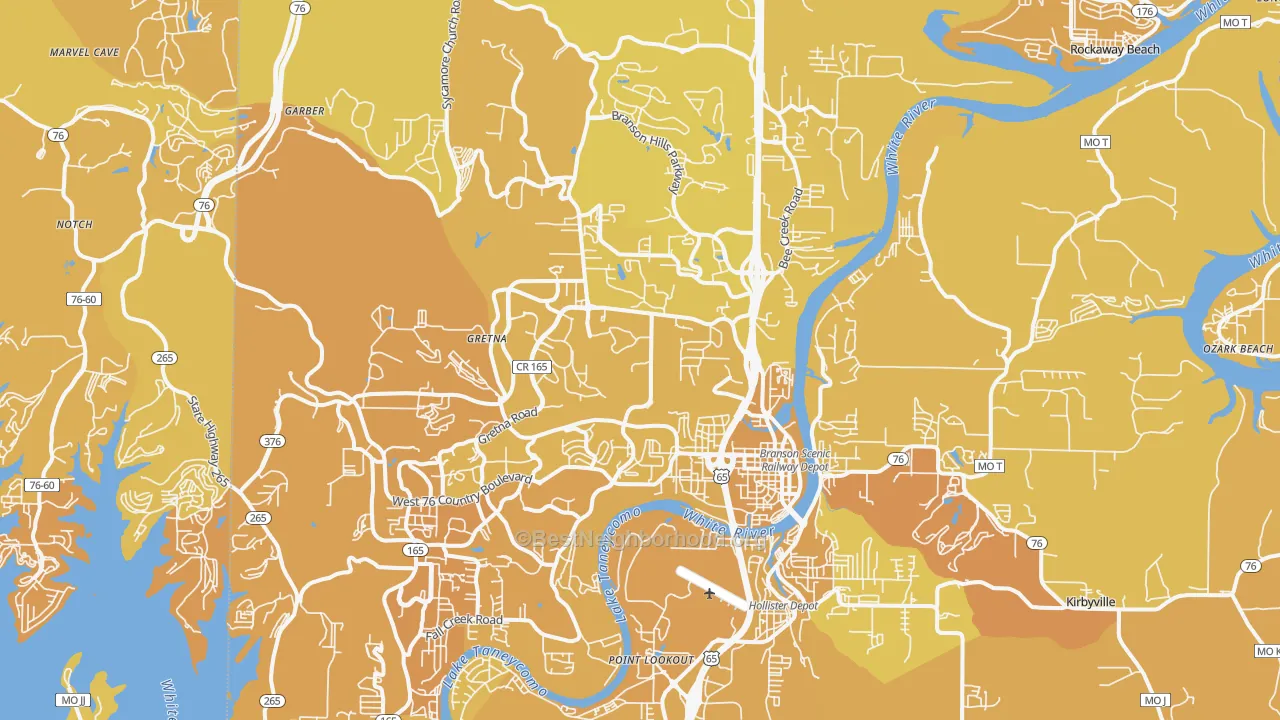 Map of the best neighborhoods in the Branson area, with better matches in green and worse matches in red