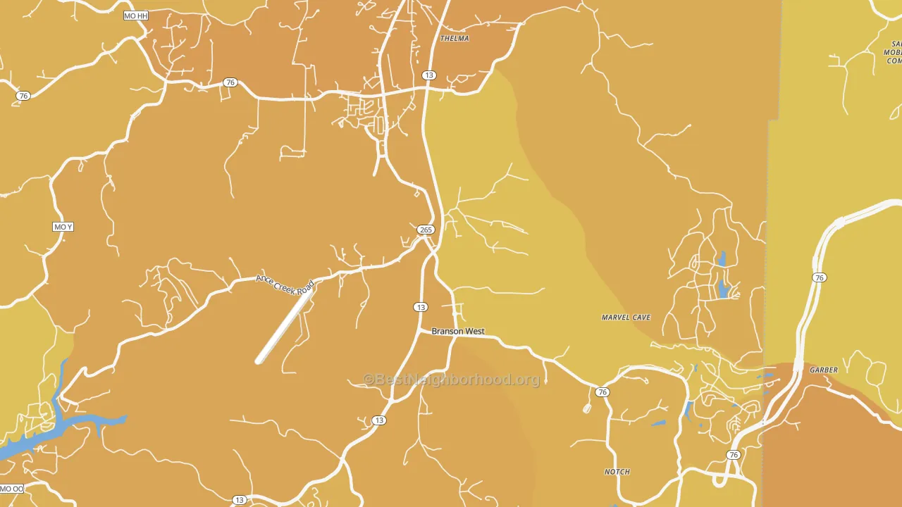 Map of the best neighborhoods in the Branson West area, with better matches in green and worse matches in red