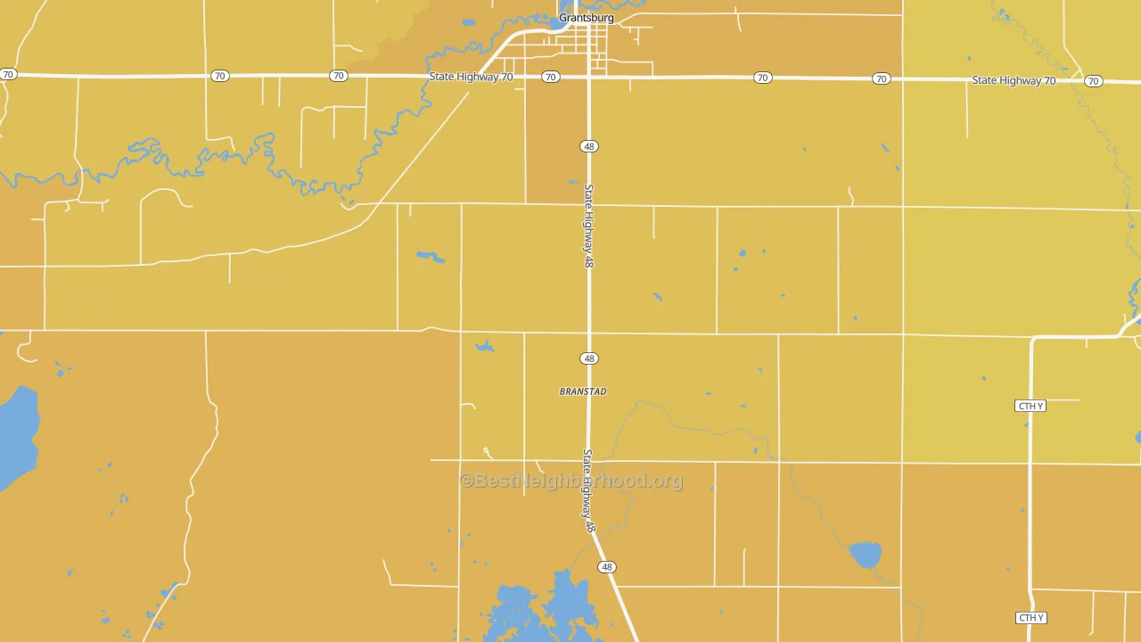 Map of the best neighborhoods in the Branstad area, with better matches in green and worse matches in red