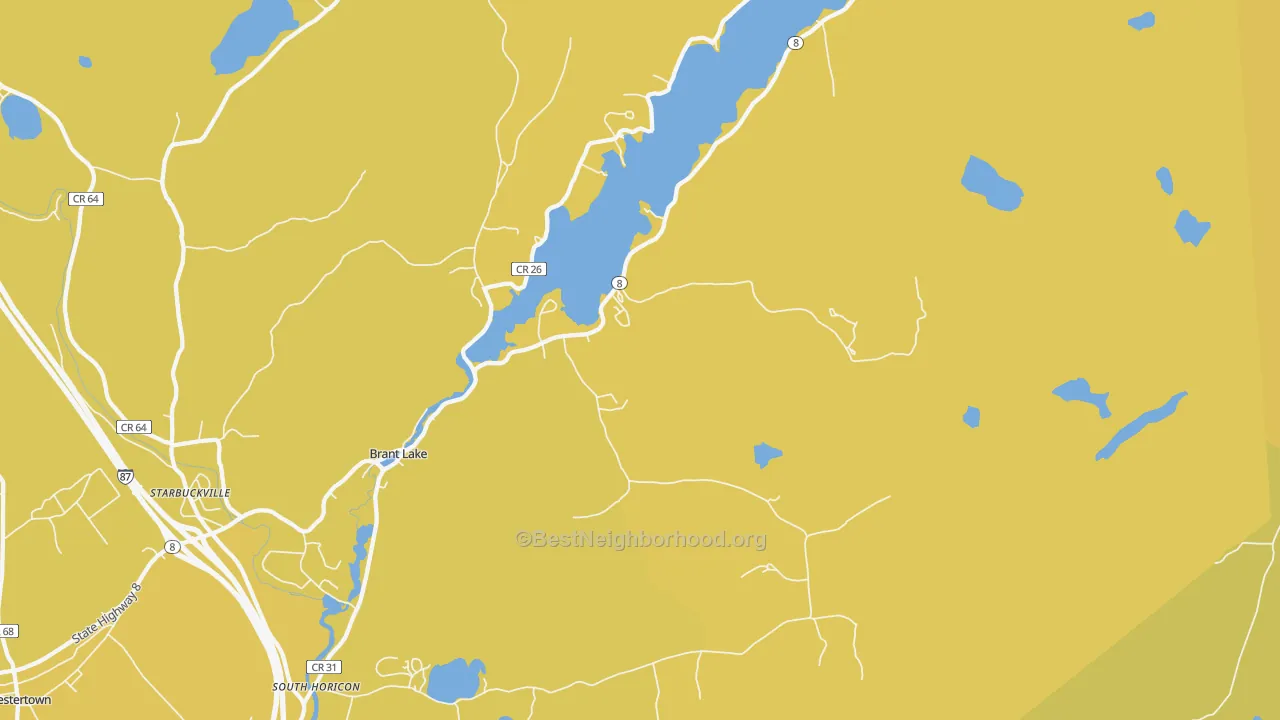 Map of the best neighborhoods in the Brant Lake area, with better matches in green and worse matches in red