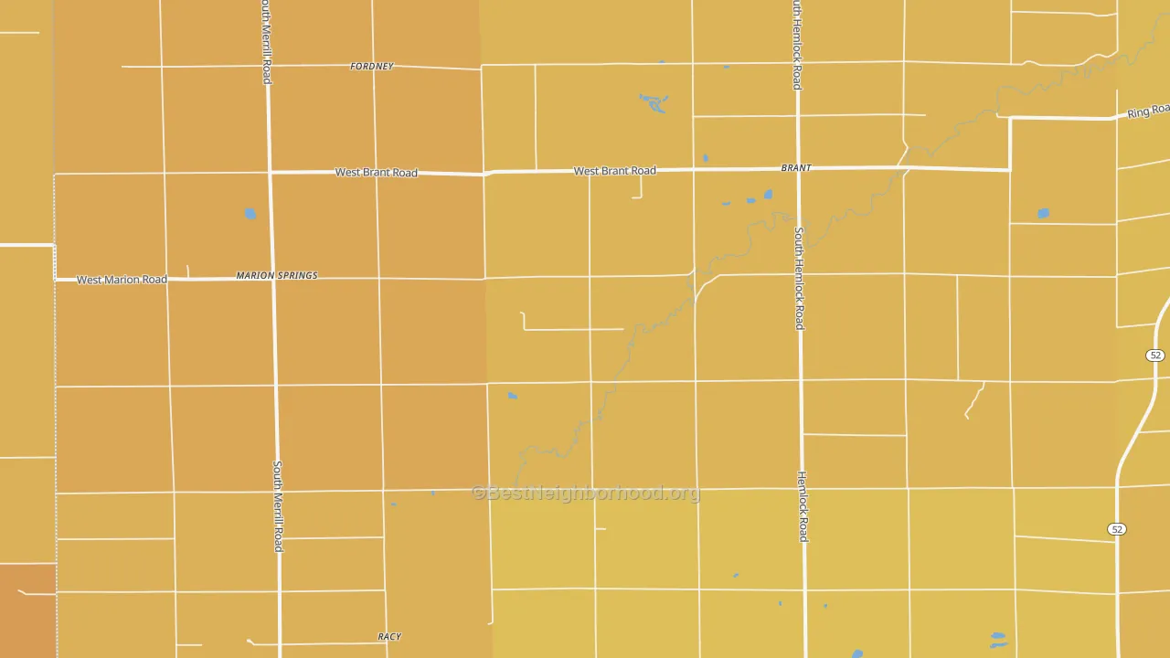 Map of the best neighborhoods in the Brant area, with better matches in green and worse matches in red