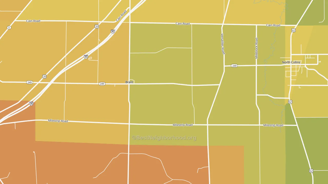 Map of the best neighborhoods in the Brant area, with better matches in green and worse matches in red