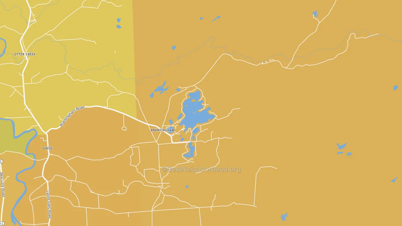 Map of the best neighborhoods in the Brantingham area, with better matches in green and worse matches in red