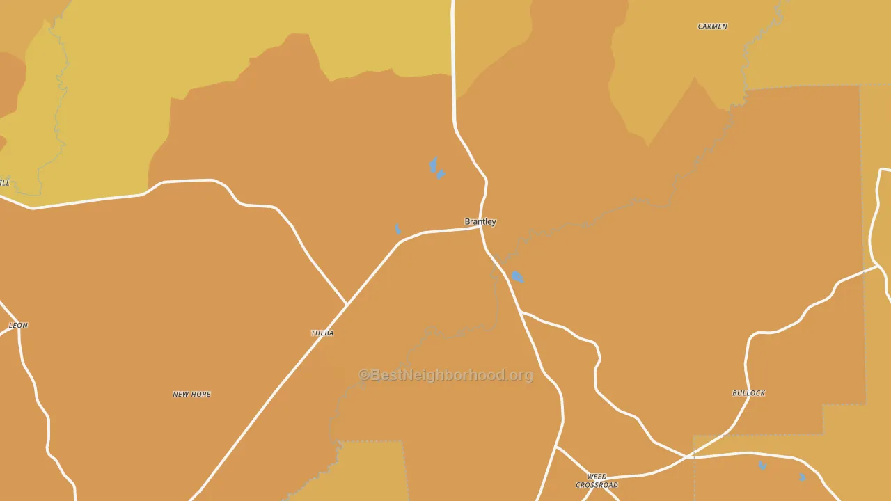 Map of the best neighborhoods in the Brantley area, with better matches in green and worse matches in red