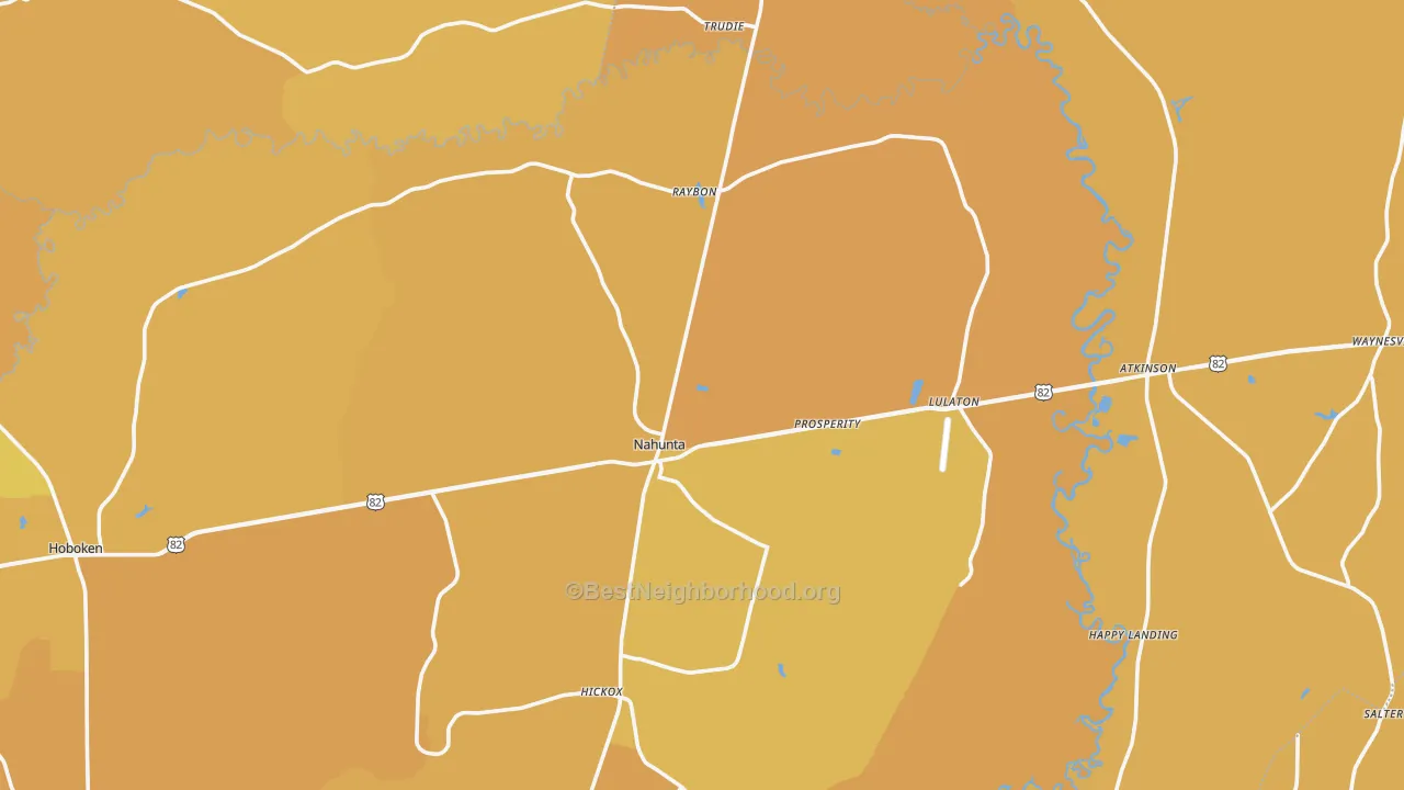 Map of the best neighborhoods in the Brantley County area, with better matches in green and worse matches in red